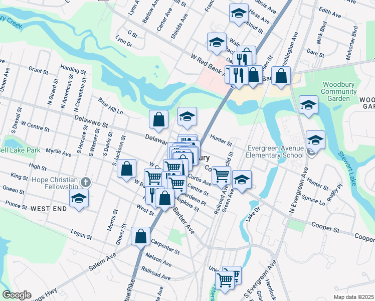 map of restaurants, bars, coffee shops, grocery stores, and more near 1 North Broad Street in Woodbury