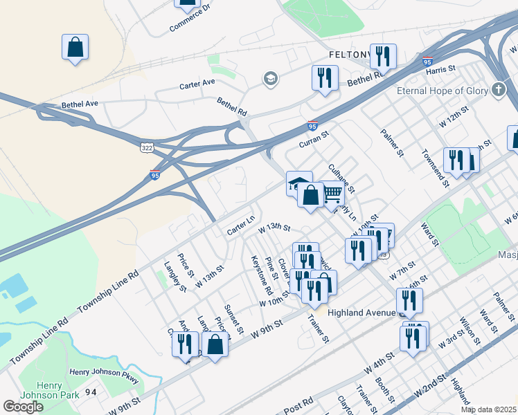 map of restaurants, bars, coffee shops, grocery stores, and more near 3313 Carter Lane in Chester