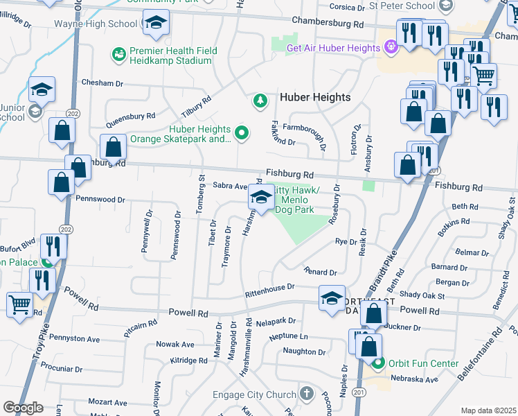 map of restaurants, bars, coffee shops, grocery stores, and more near 5878 Harshmanville Road in Huber Heights