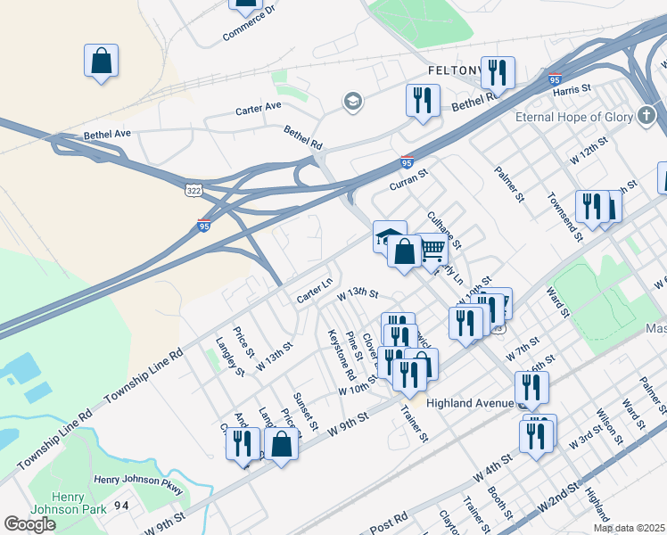 map of restaurants, bars, coffee shops, grocery stores, and more near 3309 Carter Lane in Chester