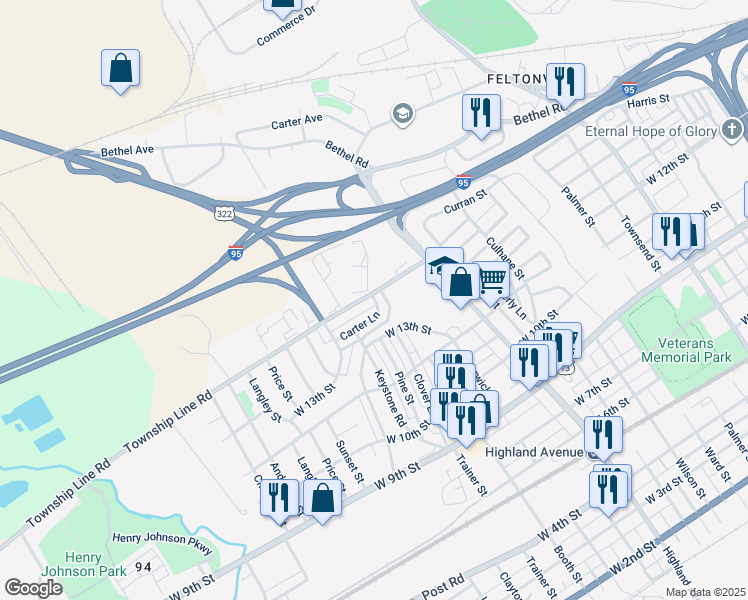 map of restaurants, bars, coffee shops, grocery stores, and more near 3301 Township Line Road in Chester