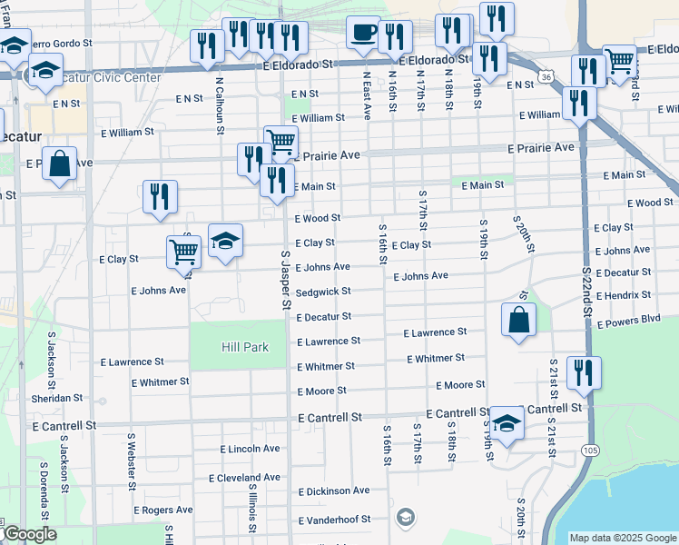 map of restaurants, bars, coffee shops, grocery stores, and more near 1401 East Johns Avenue in Decatur