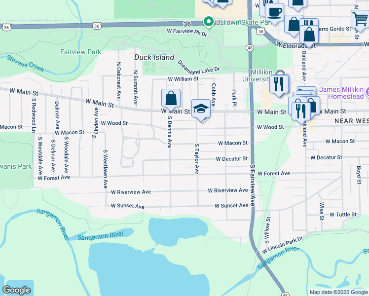 map of restaurants, bars, coffee shops, grocery stores, and more near 1543 West Macon Street in Decatur