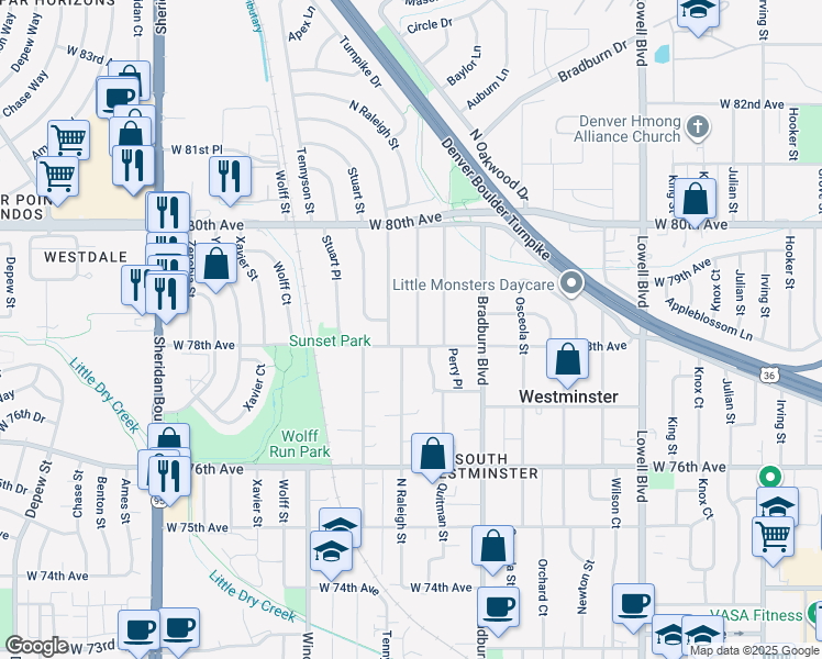 map of restaurants, bars, coffee shops, grocery stores, and more near 7811 Raleigh Street in Westminster