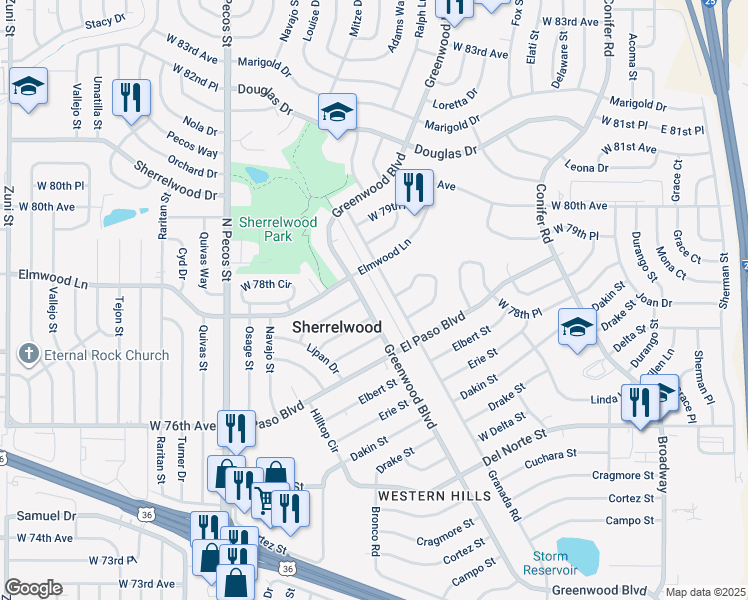 map of restaurants, bars, coffee shops, grocery stores, and more near 7820 Greenwood Blvd in Denver