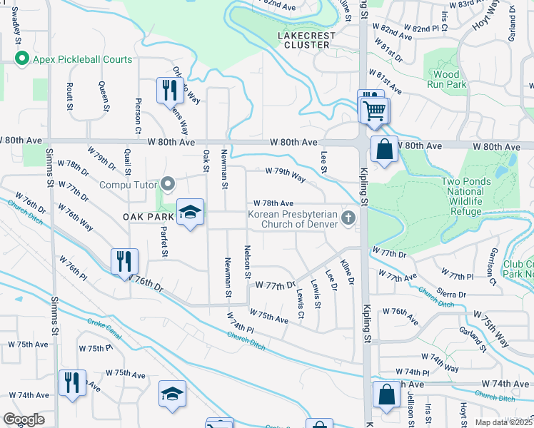 map of restaurants, bars, coffee shops, grocery stores, and more near 10491 West 77th Place in Arvada