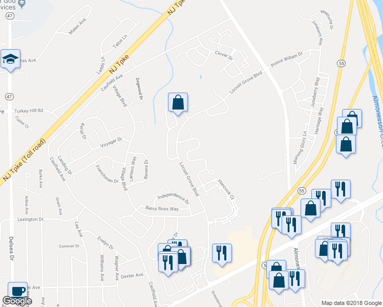 map of restaurants, bars, coffee shops, grocery stores, and more near 159 Chancellor Drive in Deptford Township