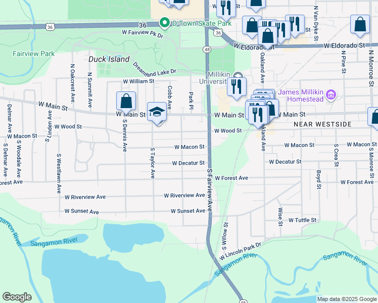 map of restaurants, bars, coffee shops, grocery stores, and more near 1344 West Decatur Street in Decatur