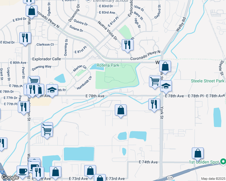 map of restaurants, bars, coffee shops, grocery stores, and more near 1961 East 78th Avenue in Denver