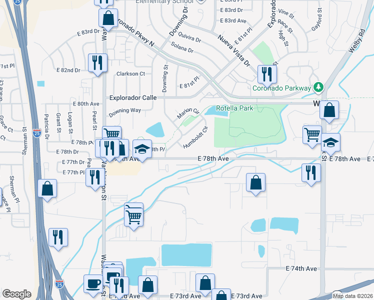 map of restaurants, bars, coffee shops, grocery stores, and more near 7856 Humboldt Circle in Thornton