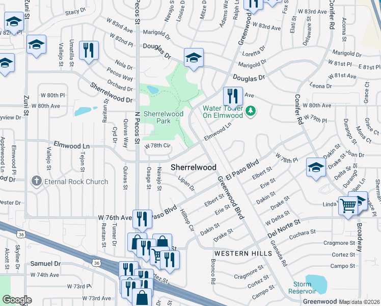 map of restaurants, bars, coffee shops, grocery stores, and more near in Sherrelwood