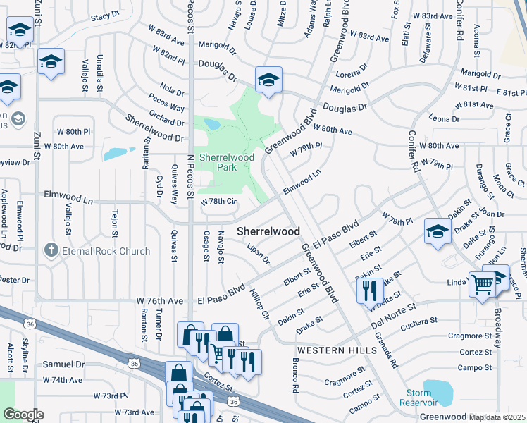 map of restaurants, bars, coffee shops, grocery stores, and more near in Sherrelwood