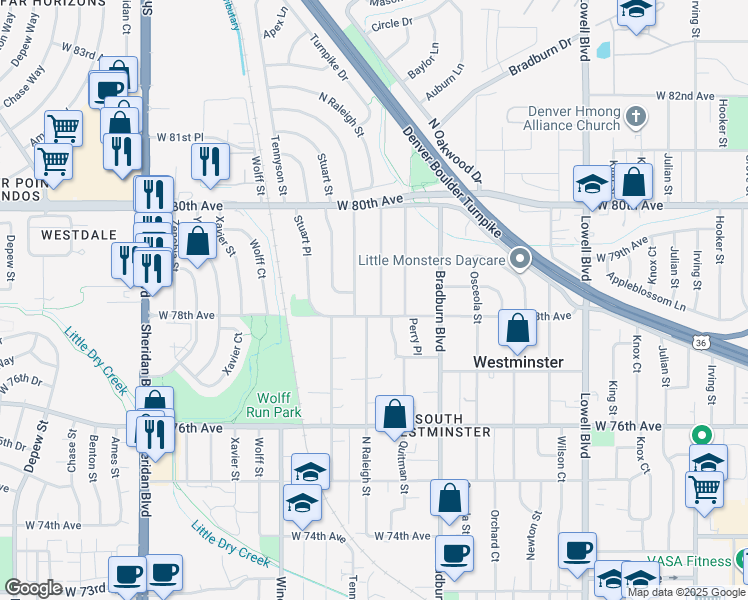 map of restaurants, bars, coffee shops, grocery stores, and more near 7811 Raleigh Street in Westminster