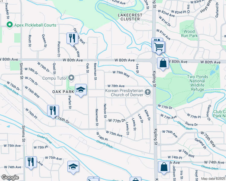 map of restaurants, bars, coffee shops, grocery stores, and more near 10491 West 77th Place in Arvada