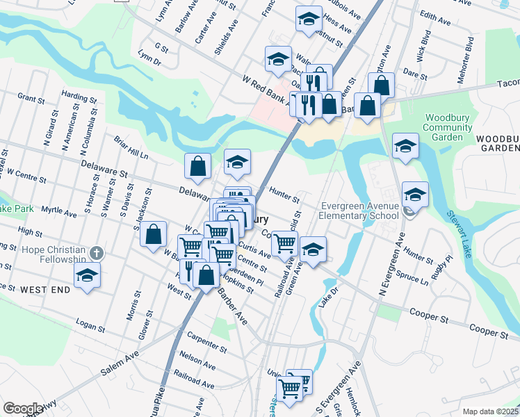 map of restaurants, bars, coffee shops, grocery stores, and more near 30 Newton Avenue in Woodbury