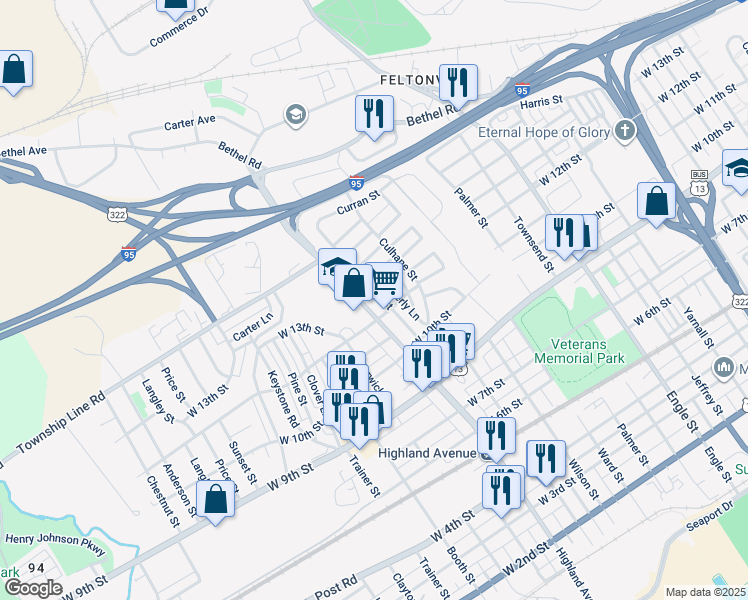 map of restaurants, bars, coffee shops, grocery stores, and more near 1209 Highland Avenue in Chester