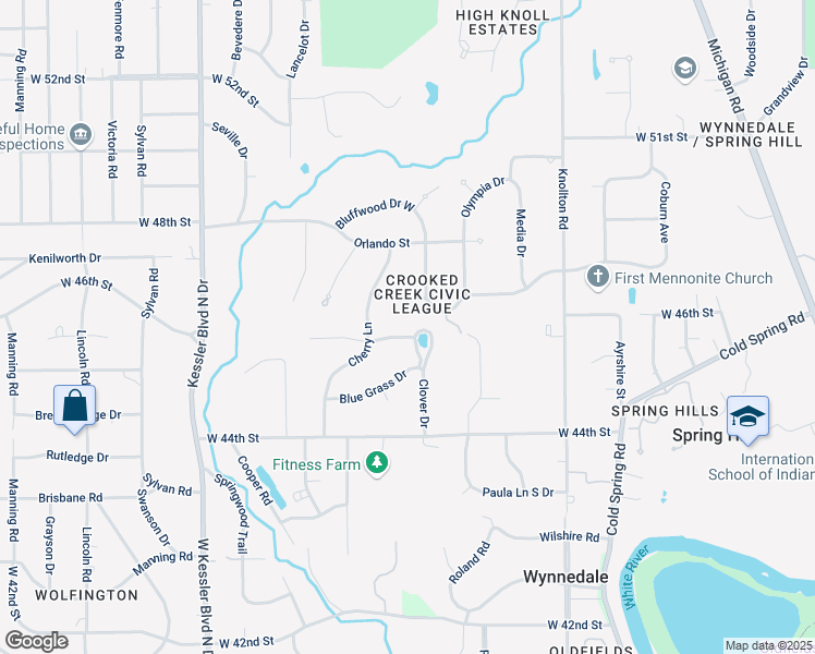map of restaurants, bars, coffee shops, grocery stores, and more near 2505 Will Crest Drive in Indianapolis