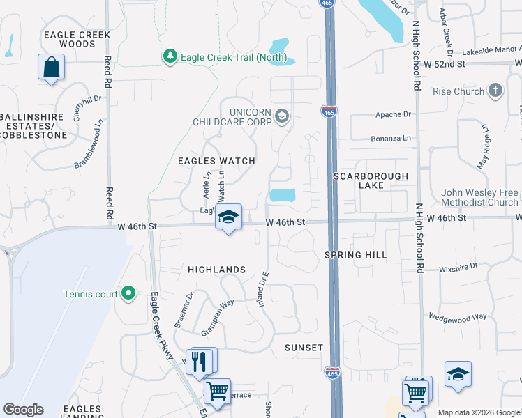 map of restaurants, bars, coffee shops, grocery stores, and more near 4615 Owls Nest Place in Indianapolis