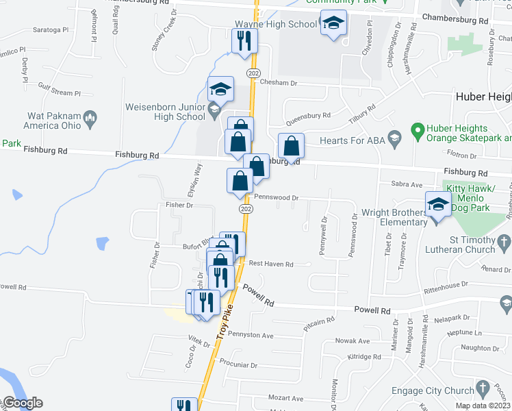 map of restaurants, bars, coffee shops, grocery stores, and more near 5844 Old Troy Pike in Huber Heights