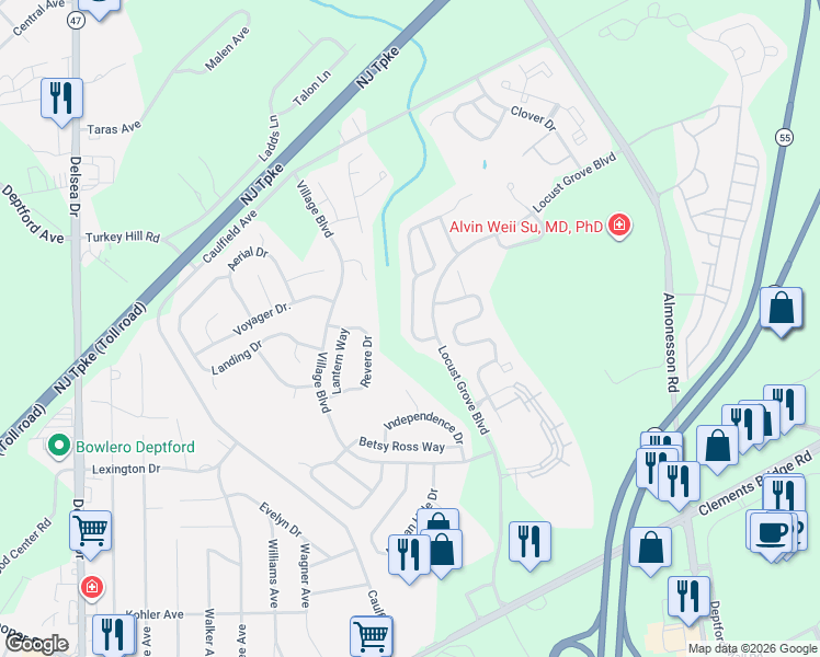 map of restaurants, bars, coffee shops, grocery stores, and more near 112 Rittenhouse Drive in Deptford
