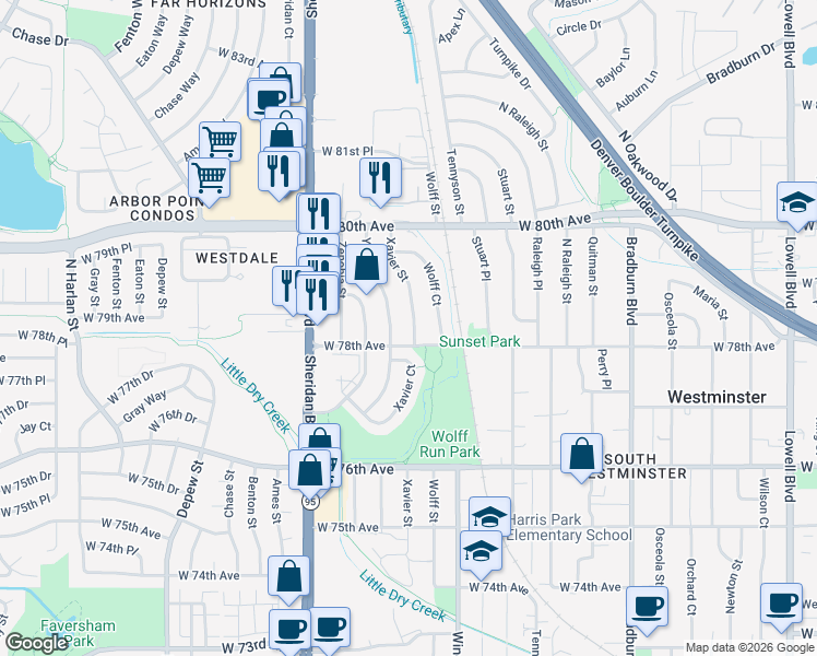map of restaurants, bars, coffee shops, grocery stores, and more near 7811 Xavier Street in Westminster