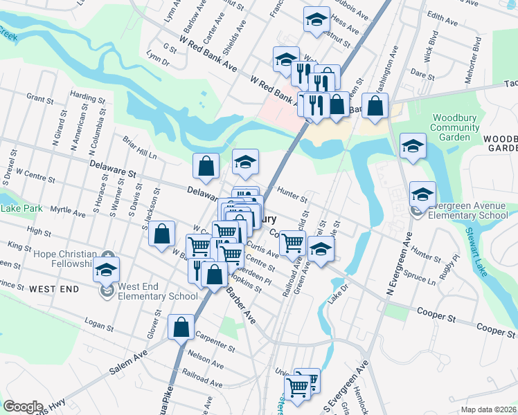 map of restaurants, bars, coffee shops, grocery stores, and more near 4 North Broad Street in Woodbury