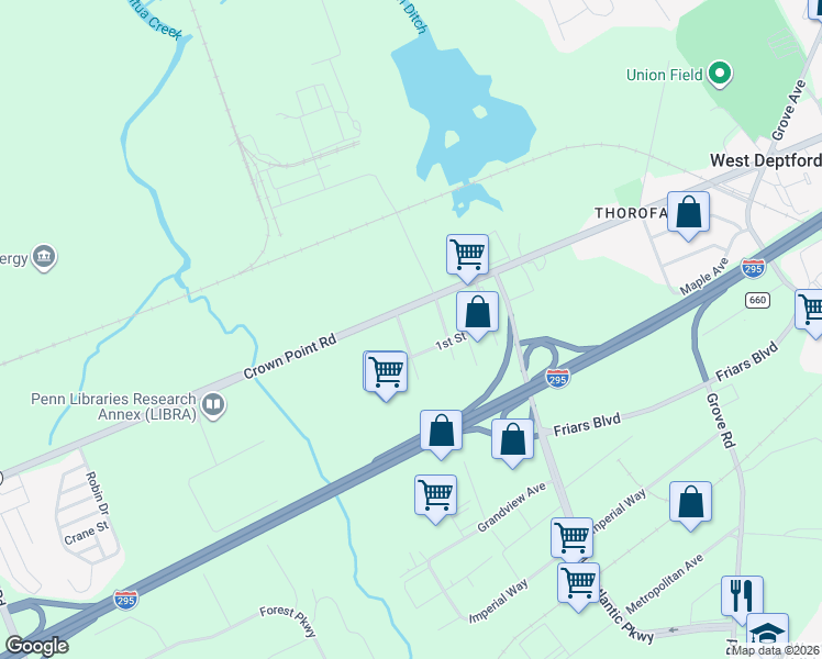 map of restaurants, bars, coffee shops, grocery stores, and more near 12 1st Street in West Deptford