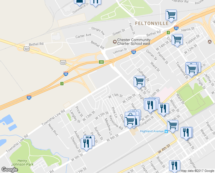 map of restaurants, bars, coffee shops, grocery stores, and more near 3305 Carter Lane in Chester