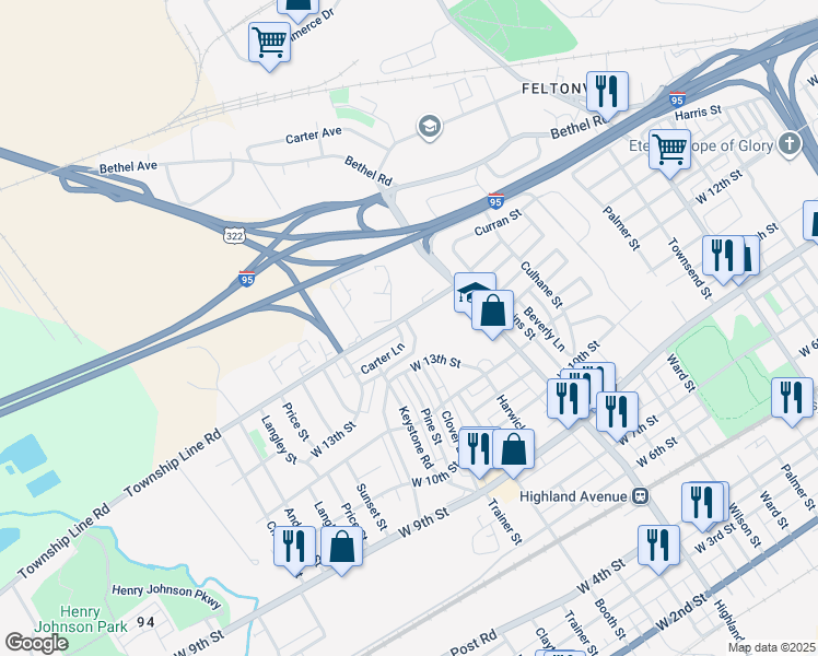 map of restaurants, bars, coffee shops, grocery stores, and more near 3309 Carter Lane in Chester
