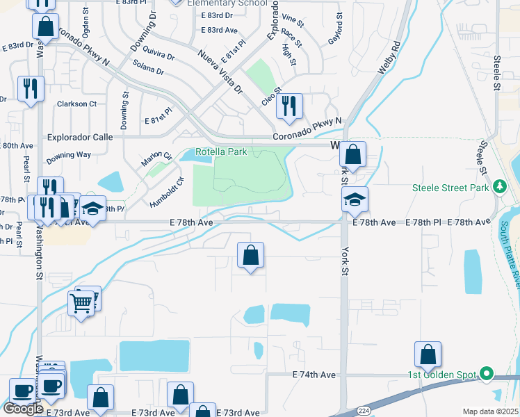 map of restaurants, bars, coffee shops, grocery stores, and more near 1961 East 78th Avenue in Denver