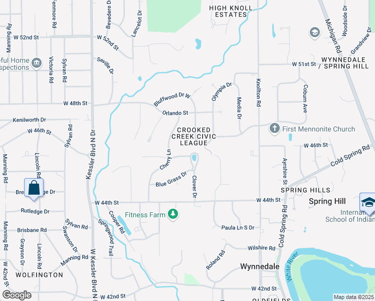 map of restaurants, bars, coffee shops, grocery stores, and more near 2505 Will Crest Drive in Indianapolis