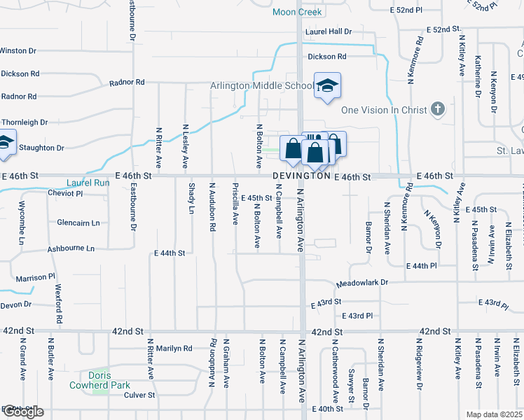 map of restaurants, bars, coffee shops, grocery stores, and more near 4458 North Campbell Avenue in Indianapolis