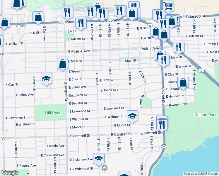 map of restaurants, bars, coffee shops, grocery stores, and more near 1701-1899 E Johns Ave in Decatur