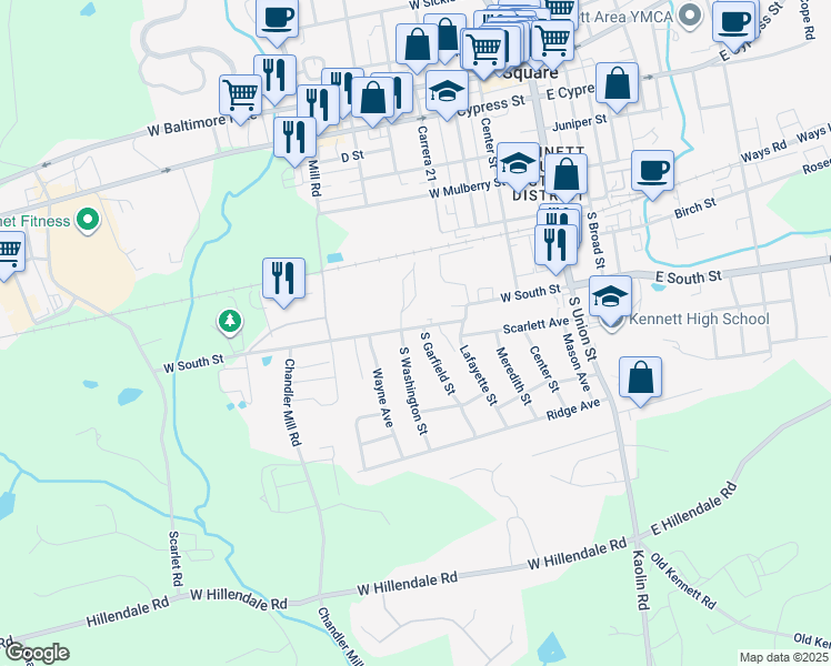 map of restaurants, bars, coffee shops, grocery stores, and more near 504 West South Street in Kennett Square