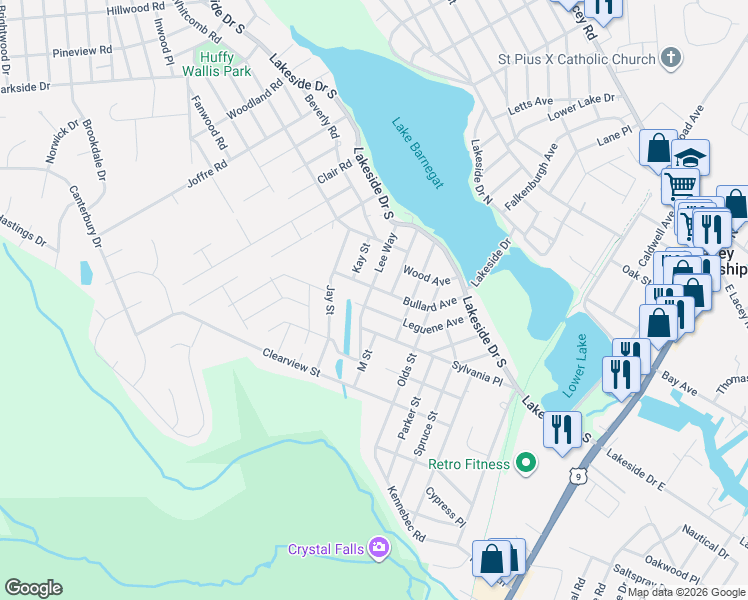 map of restaurants, bars, coffee shops, grocery stores, and more near 1330 Lee Way in Lacey Township