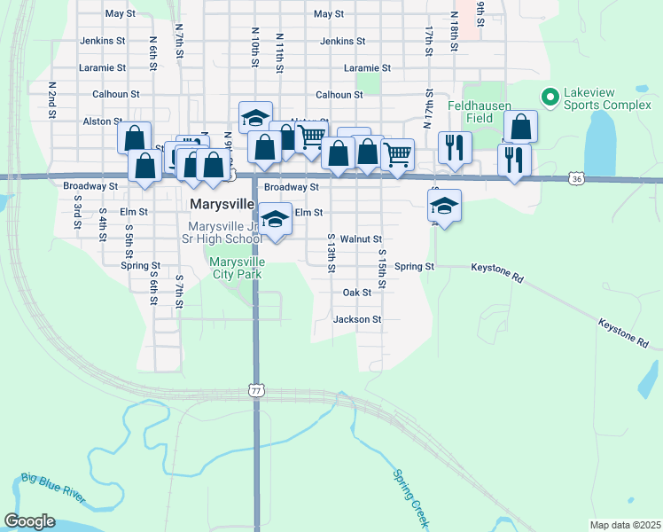 map of restaurants, bars, coffee shops, grocery stores, and more near 401 South 13th Street in Marysville