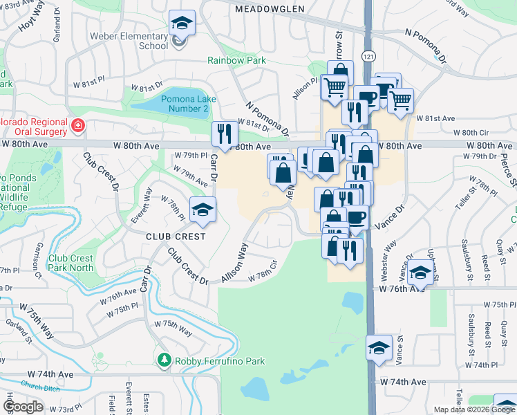 map of restaurants, bars, coffee shops, grocery stores, and more near 7868 Allison Court in Arvada