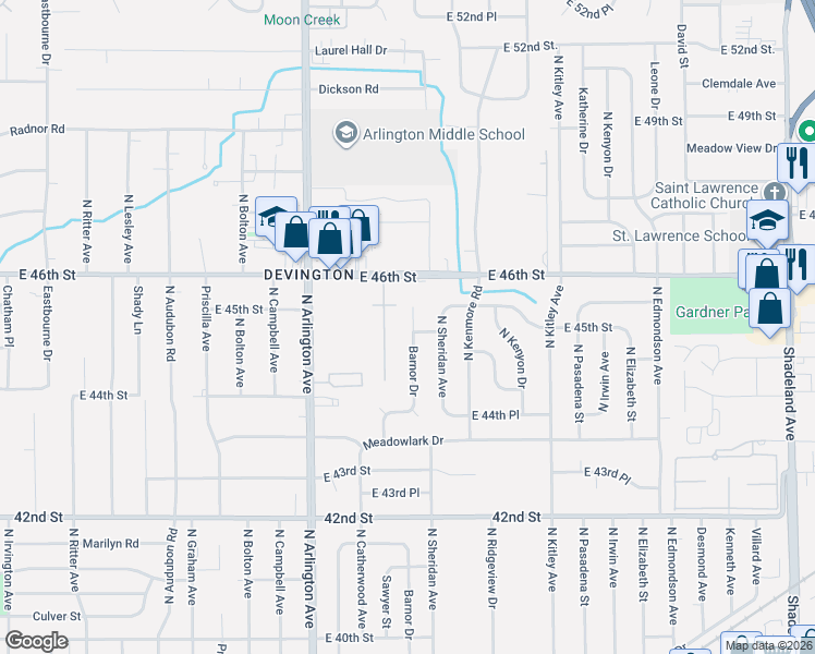 map of restaurants, bars, coffee shops, grocery stores, and more near 4456 Barnor Drive in Indianapolis