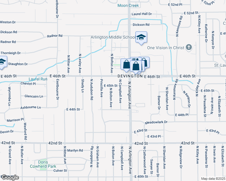 map of restaurants, bars, coffee shops, grocery stores, and more near 4458 North Campbell Avenue in Indianapolis