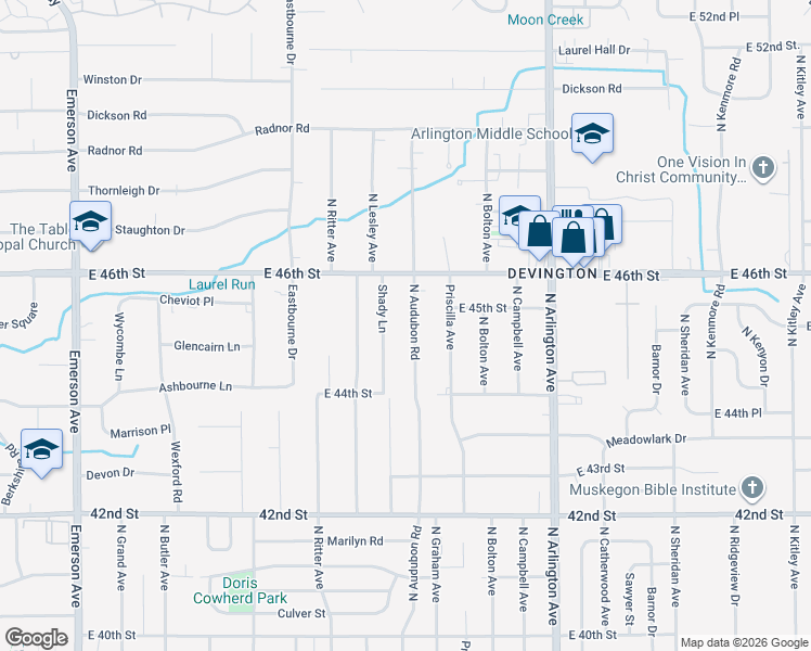map of restaurants, bars, coffee shops, grocery stores, and more near 4457 Shady Lane in Indianapolis