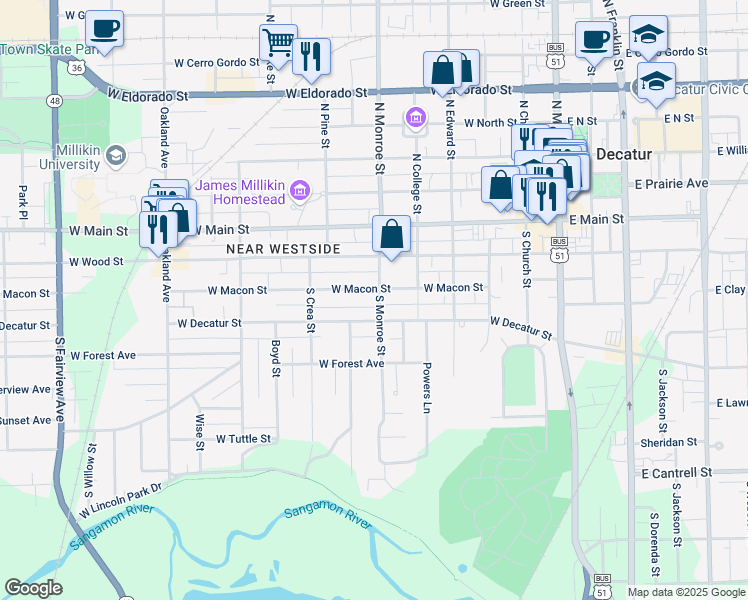map of restaurants, bars, coffee shops, grocery stores, and more near 340 South Monroe Street in Decatur
