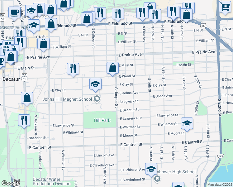 map of restaurants, bars, coffee shops, grocery stores, and more near 1201 East Johns Avenue in Decatur