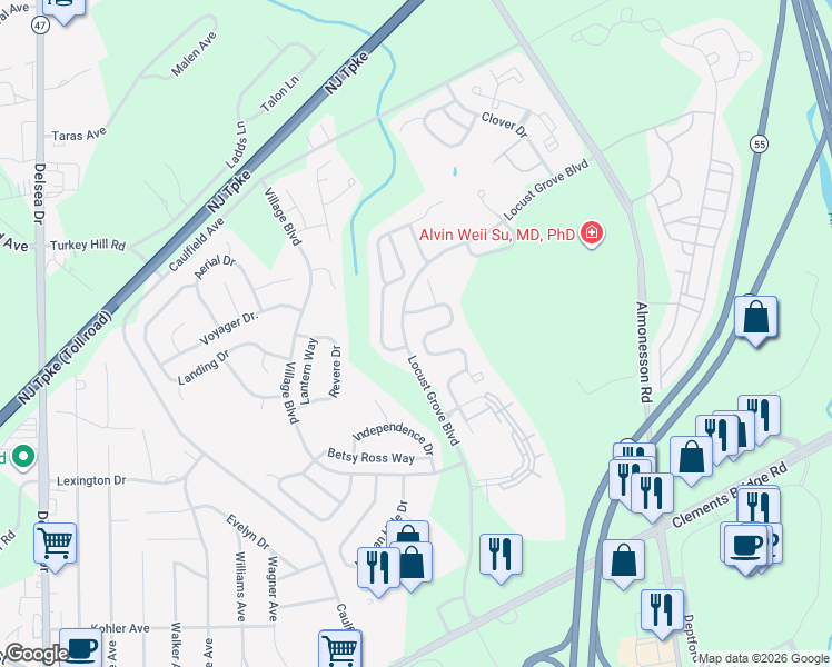 map of restaurants, bars, coffee shops, grocery stores, and more near 166 Chancellor Drive in Deptford Township