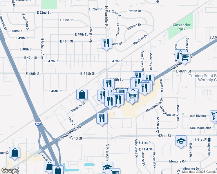 map of restaurants, bars, coffee shops, grocery stores, and more near 4437 North Franklin Road in Lawrence