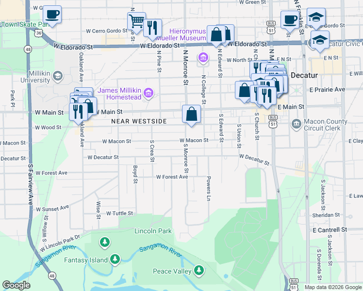 map of restaurants, bars, coffee shops, grocery stores, and more near 340 South Monroe Street in Decatur