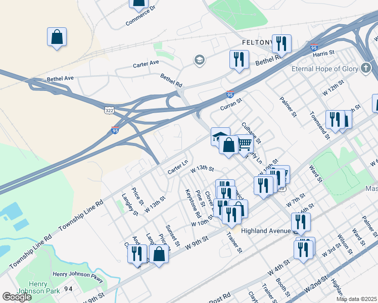 map of restaurants, bars, coffee shops, grocery stores, and more near 3303 Carter Lane in Chester