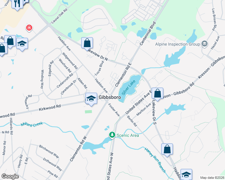 map of restaurants, bars, coffee shops, grocery stores, and more near 10 Clementon Road West in Gibbsboro