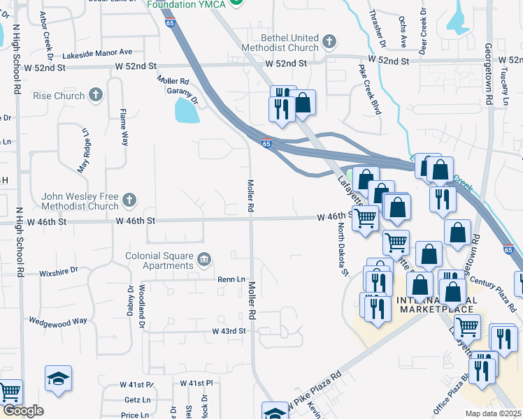 map of restaurants, bars, coffee shops, grocery stores, and more near 5460 West 46th Street in Indianapolis