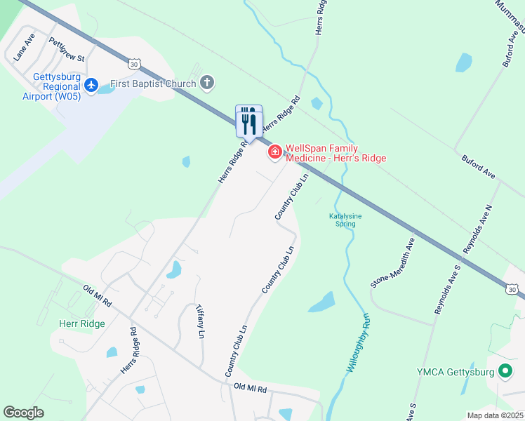 map of restaurants, bars, coffee shops, grocery stores, and more near 86 Hunters Trail in Gettysburg