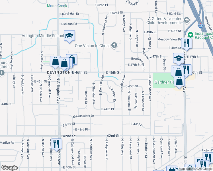 map of restaurants, bars, coffee shops, grocery stores, and more near 4468 North Kenyon Drive in Indianapolis